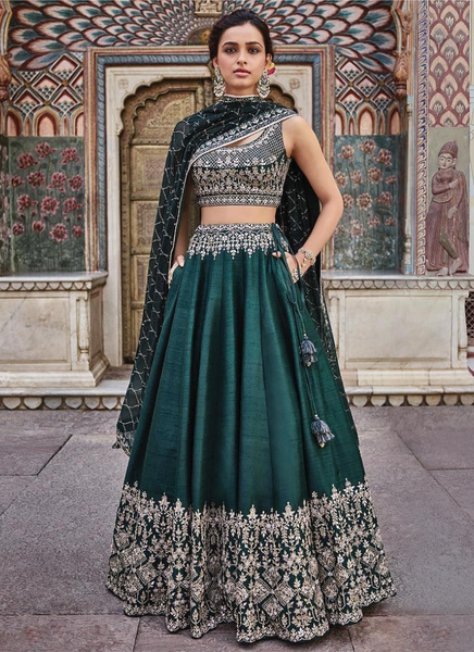 Green Zari Embroidery Silk Wedding Lehenga Choli With Dupatta  women's fashion mart