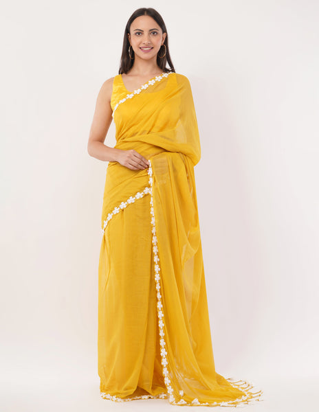 yellow while the lightweight mul cotton saree -Saree Default Title women's fashion mart