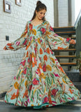 Sky Blue Digital Printed Fully Flared Gown - women's fashion mart