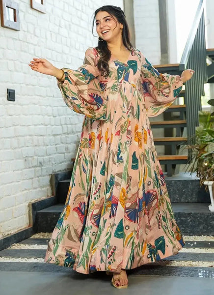Pink Digital Printed Fully Flared Gown - women's fashion mart