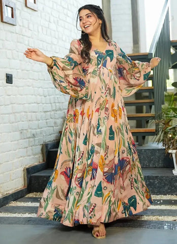 Pink Digital Printed Fully Flared Gown - women's fashion mart