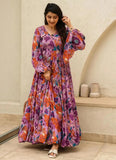 Rose Pink Digital Printed Fully Flared Gown - women's fashion mart