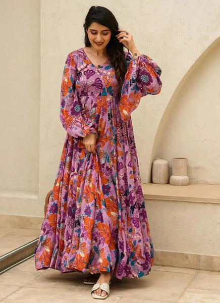 Rose Pink Digital Printed Fully Flared Gown - women's fashion mart