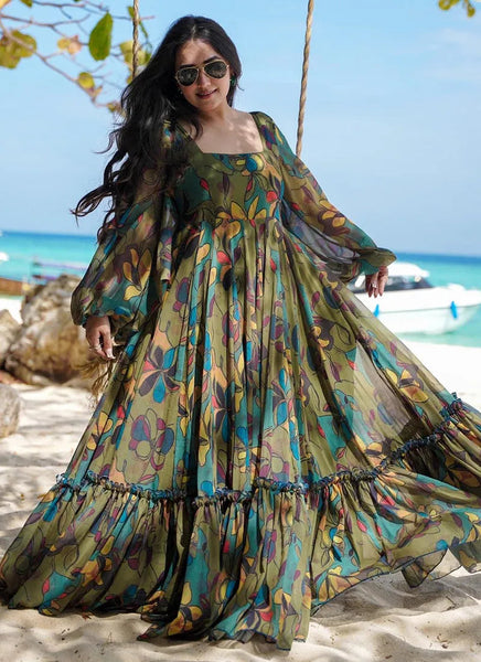 Green Digital Printed Fully Flared Gown - women's fashion mart