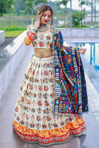 Off White Cotton Patola Printed Lehenga.
