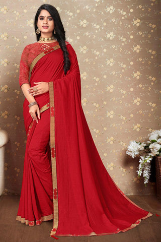 Art Silk Fabric Festival Look Red Color Vintage Saree.
