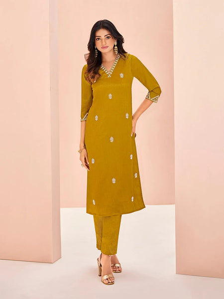 Elegant Mustard Yellow Chinon Hand Worked Kurta Set - women's fashion mart
