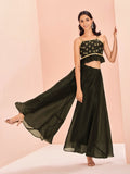 Elegant Black Art Silk Hand Worked Crop Top And Palazzo Set - women's fashion mart