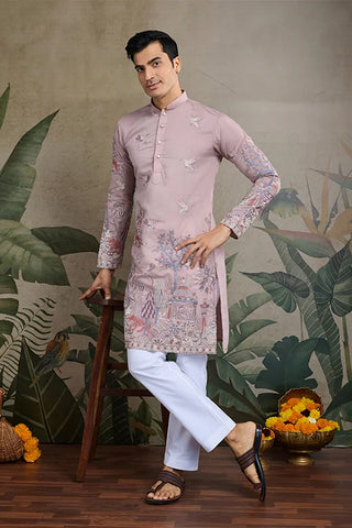 Designer Peach Viscose Silk fancy kurtas for men