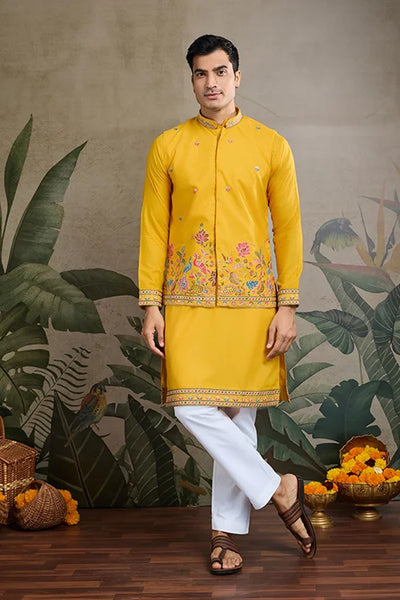 Designer Yellow Cotton Kurta with Koti Jacket Online