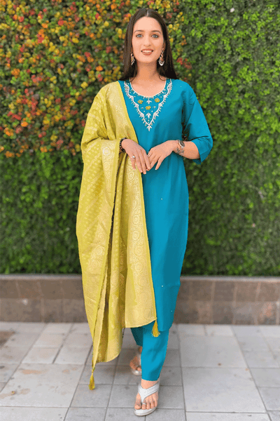 Teal Blue Designer Kurti Set for Summer  women's fashion mart