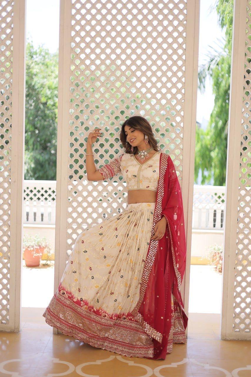 Dyeable Pure Viscose Jacquard fabric Lehenga Choli &Dupatta Set -Lehenga Choli Set White women's fashion mart