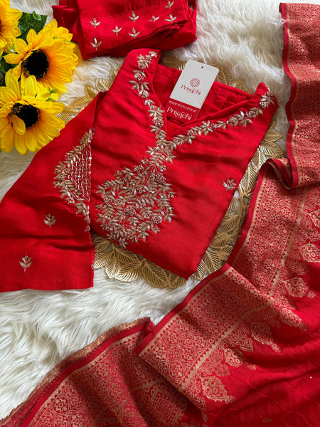 Red Designer Kurti set with Banarasi Duptta  women's fashion mart