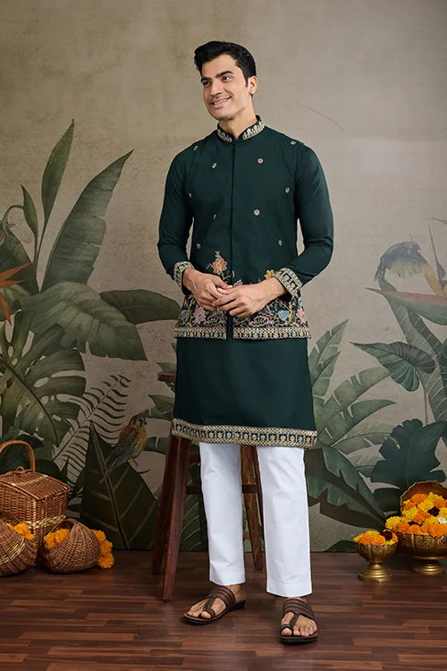Stylish Green Men's Kurta Koti Set – Trendy & Elegant