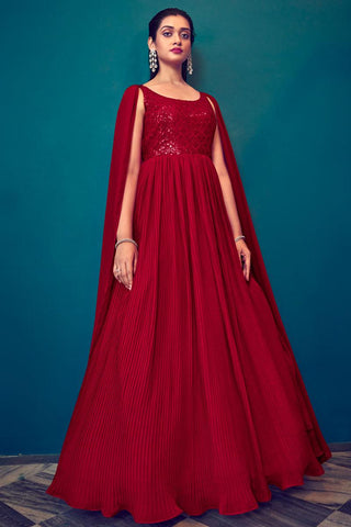 Red Color Amazing Style Georgette Readymade Gown With Dupatta.