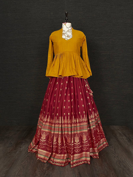 Maroon Color Foil Printed Rayon Material Lehenga With Top
