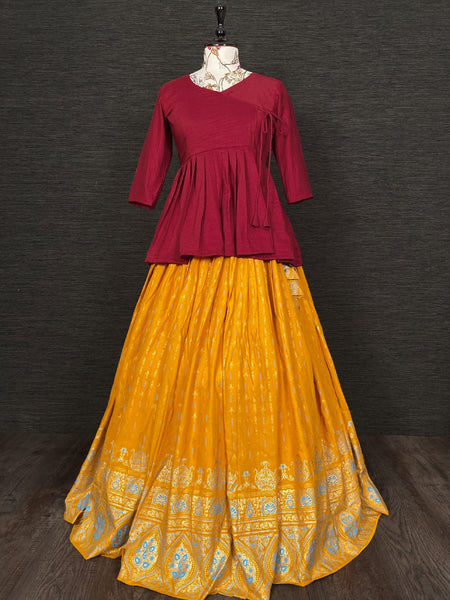 Mustard Color Foil Printed Rayon Material Two Piece Lehenga Choli Set