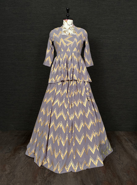 Grey Color Foil Printed Rayon Material Two Piece Lehenga Choli Set