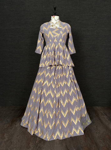 Grey Color Foil Printed Rayon Material Two Piece Lehenga Choli Set