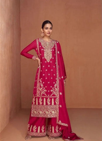 Stunning Heavy Embroidered Chinon palazzo suit in Dark Pink - women's fashion mart