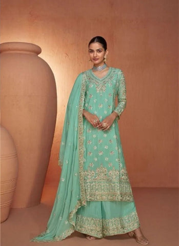 Stunning Heavy Embroidered Chinon palazzo suit in Sea Green - women's fashion mart