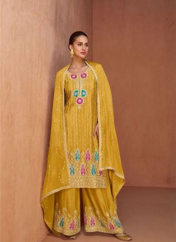 Stunning Heavy Embroidered Chinon palazzo suit in Yellow - women's fashion mart