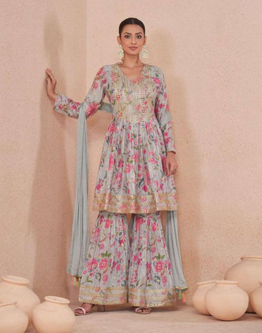 Gray Sequins Embroidered Floral Digital Printed Top Sharara Suit - women's fashion mart