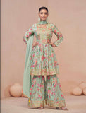 Stylish Pista Green Sequins Embroidered Floral Digital Printed Top Sharara Suit - women's fashion mart