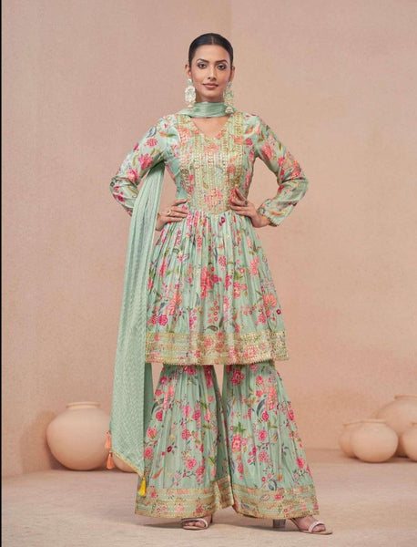 Stylish Pista Green Sequins Embroidered Floral Digital Printed Top Sharara Suit - women's fashion mart