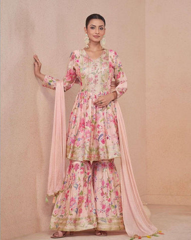 Gorgeous Pink Sequins Embroidered Floral Digital Printed Top Sharara Suit - women's fashion mart