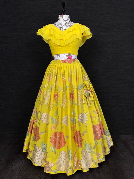Yellow Color Sequins And Thread Embroidery Work Georgette Lehenga Choli