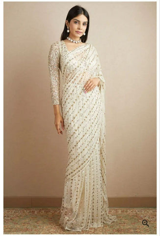 Georgette Embellished With Zari Embroidery Sequins Work saree -Leheriya Saree White / unstich 1 miter women's fashion mart