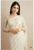 Georgette Embellished With Zari Embroidery Sequins Work saree -Leheriya Saree White / unstich 1 miter women's fashion mart