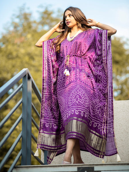 Wine Color Digital Bandhej Print Pure Gaji Silk Kaftan Dress - women's fashion mart