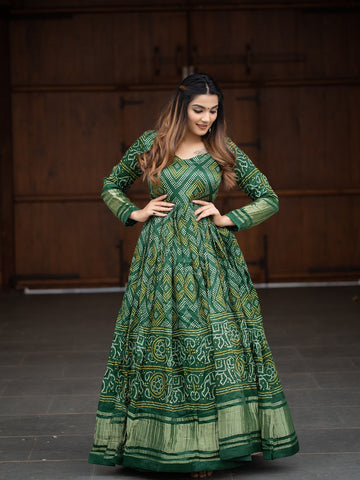 Green Color Digital Bandhej Printed Pure Gaji Silk Dress - women's fashion mart