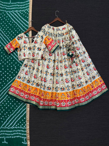 Green Color Foil And Printed Pure Cotton Lehenga Choli With Leheriya Bandhej Dupatta