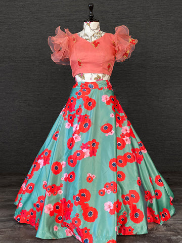 Green Color Heavy Dull Satin Floral Digital Printed Lehenga With Varisa Silk Choli