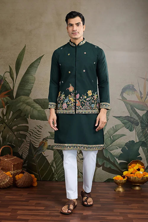 Stylish Green Men's Kurta Koti Set – Trendy & Elegant