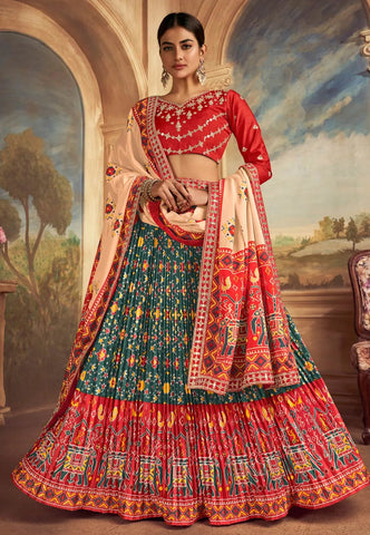 Traditional Gaji Silk Dark Green Patola Printe Lehenga Choli - women's fashion mart
