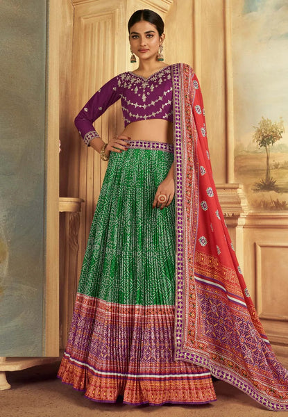 Fabulous Gaji Silk Green-Purple Patola Printed Lehenga Choli - women's fashion mart