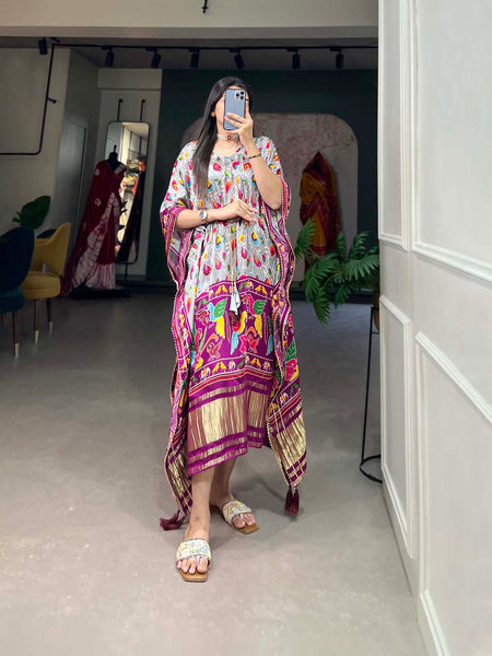 Grey Color Digital Print With Gotta Patti Lace Border Gaji Silk Kaftan - women's fashion mart