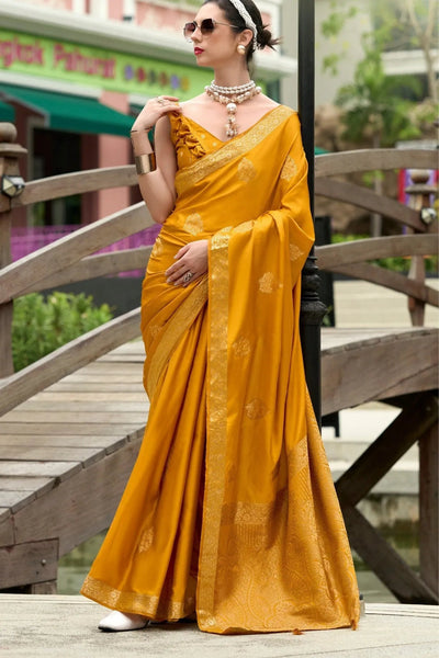 Brandy Punch Yellow Banarasi Handloom Saree - women's fashion mart