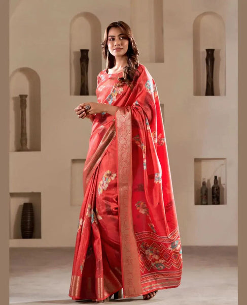 Ravishing Red Foil Printed Dola Silk Party Wear Saree - women's fashion mart