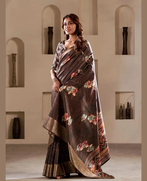 Brilliant Brown Foil Printed Dola Silk Party Wear Saree - women's fashion mart