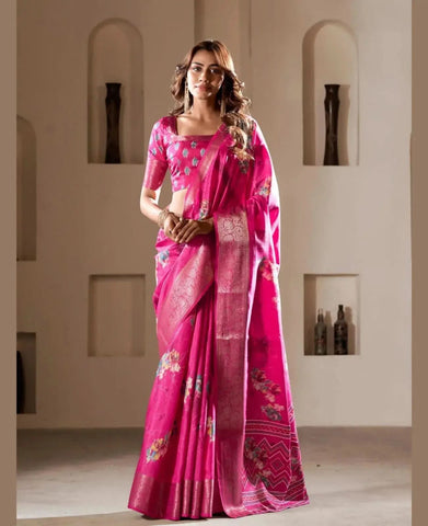 Precious Pink Foil Printed Dola Silk Party Wear Saree - women's fashion mart