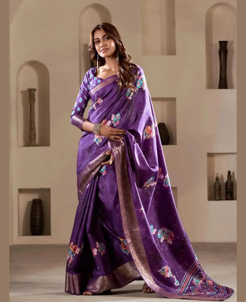 Exquisite Purple Foil Printed Dola Silk Party Wear Saree - women's fashion mart