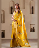 Glowing Yellow Foil Printed Dola Silk Party Wear Saree - women's fashion mart