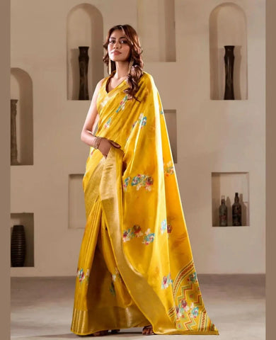 Glowing Yellow Foil Printed Dola Silk Party Wear Saree - women's fashion mart