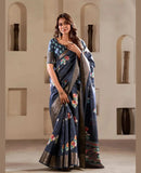 Divine Deep Teal Blue Foil Printed Dola Silk Party Wear Saree - women's fashion mart