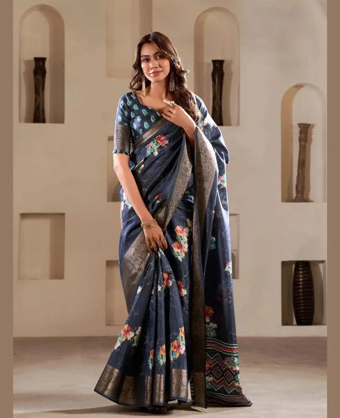 Divine Deep Teal Blue Foil Printed Dola Silk Party Wear Saree - women's fashion mart